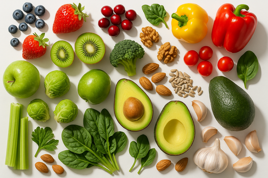 Flat lay of fresh healthy foods on a clean background. Include vibrant fruits (blueberries, strawberries, kiwi, green apples, cranberries), vegetables (broccoli, Brussels sprouts, celery, spinach, avocado, bell peppers, tomatoes), nuts and seeds (walnuts, almonds, sunflower seeds), and garlic. Bright natural lighting, colorful, fresh, organic, high-quality photography style, perfect for a Shopify product image.